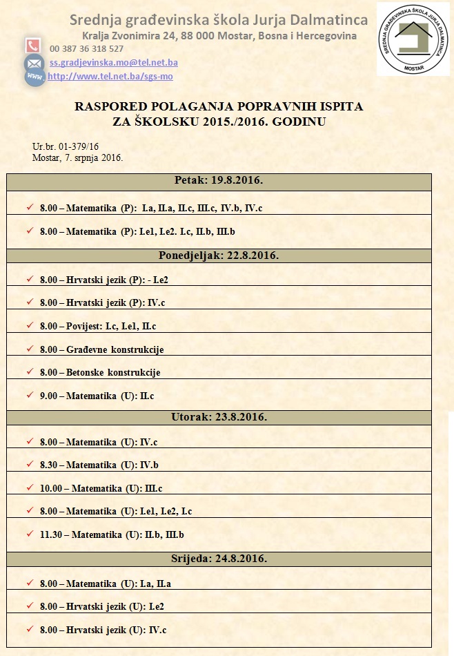 RASPORED POLAGANJA POPRAVNIH ISPITA 2016